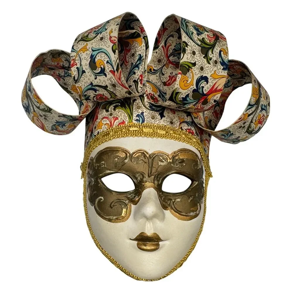 Vintage Ceramic Venetian Jester Mask Italian Style Floral Gold Wall Decor